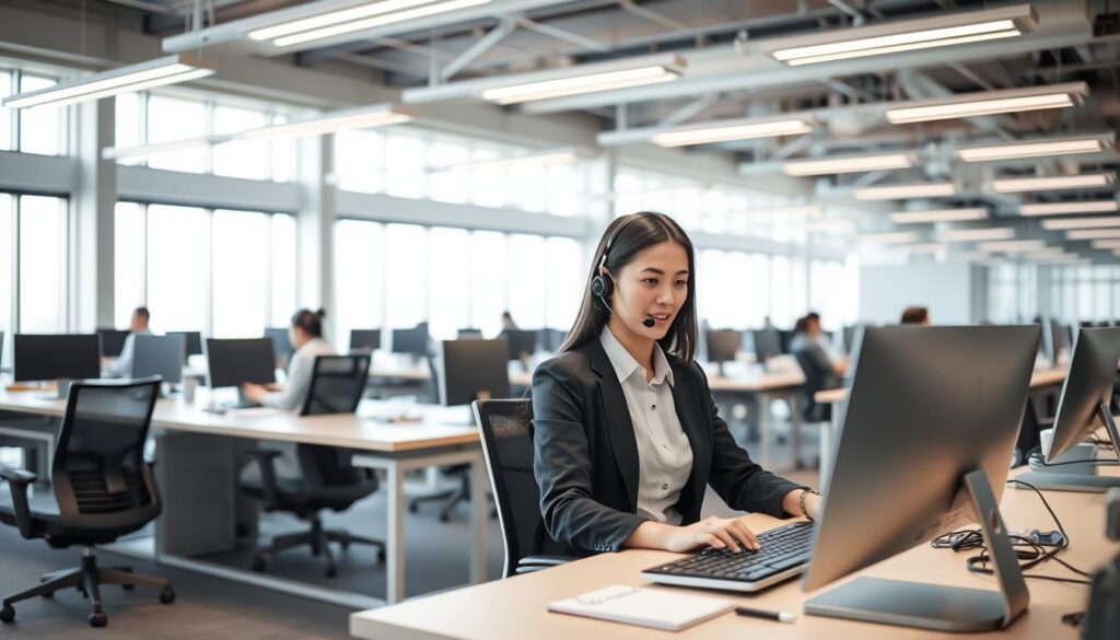 A modern, well-lit open-concept office space with rows of sleek desks and ergonomic chairs. In the foreground, a customer service representative dressed in a crisp, professional attire sits at a desk, calmly and attentively speaking on a headset while typing on a computer. The middle ground features several other representatives, all engaged in similar conversations, creating a bustling, efficient atmosphere. The background showcases floor-to-ceiling windows, allowing natural light to flood the space and giving a sense of transparency and accessibility. The overall mood is one of professionalism, responsiveness, and a commitment to providing excellent 24-hour customer service.