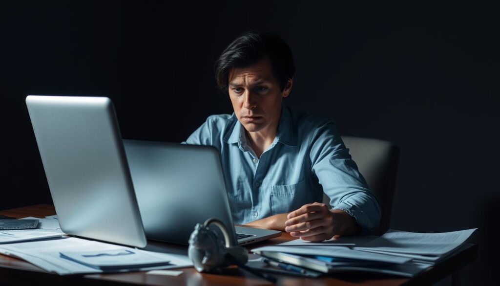 A person sitting at a desk, laptop open, surrounded by scattered documents and a crumpled health insurance card, their expression one of worry and uncertainty. The scene is bathed in a dim, gloomy light, casting long shadows that convey a sense of unease. The background is blurred, focusing the viewer's attention on the central figure's distress. The composition suggests the individual's struggle to understand and cope with the sudden loss of their health coverage.