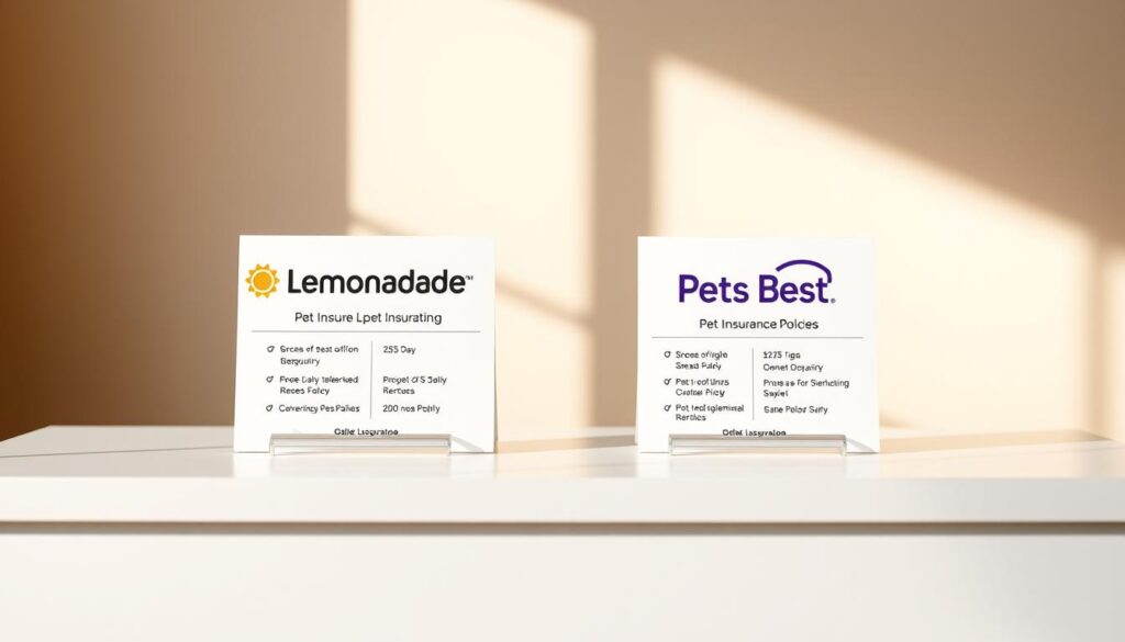 A pristine white tabletop, softly illuminated by natural lighting, serves as the stage for a side-by-side comparison of pet insurance policies from Lemonade and Pets Best. The policies are represented by detailed, photorealistic icons, their features and pricing clearly visible. The background is a warm, pastel-colored gradient, creating a sense of professionalism and authority. The composition is balanced, with the two policy icons taking center stage, inviting the viewer to closely examine and compare the options. The overall atmosphere conveys a sense of informed decision-making, guiding the viewer towards the best solution for their pet's needs.