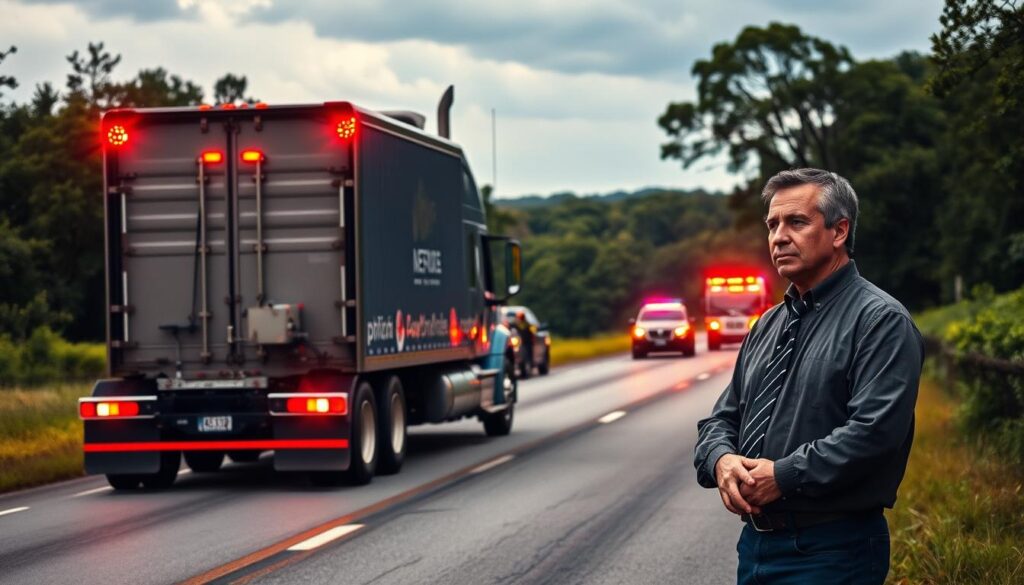 A professional truck on a country road in Savannah, Georgia, against a backdrop of lush, verdant landscapes. The truck is stopped at the scene of an accident, its hazard lights blinking. Emergency vehicles and law enforcement surround the area, their lights casting a sense of urgency. In the foreground, a concerned truck accident attorney stands, ready to assist the victims and navigate the legal complexities of the situation. The scene is captured with a cinematic, wide-angle lens, conveying the gravity and importance of the moment, as well as the need for skilled legal representation in the aftermath of a truck accident.
