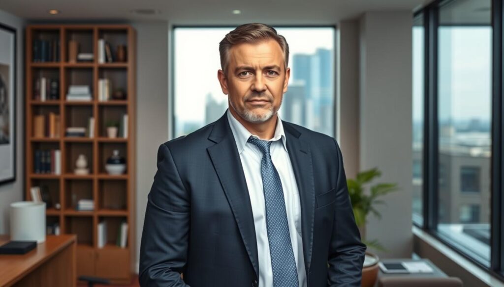 A professional, well-lit portrait of a Tampa car insurance claim lawyer standing confidently in a modern, well-appointed office. The lawyer wears a tailored suit and a serious expression, conveying expertise and authority. The background features bookshelves, a large window with a view of the city skyline, and subtle hints of the lawyer's accomplishments and accolades. The lighting is soft and directional, casting subtle shadows that accentuate the lawyer's features and create a sense of depth and dimension. The overall mood is one of professionalism, competence, and a commitment to advocating for the client's best interests.