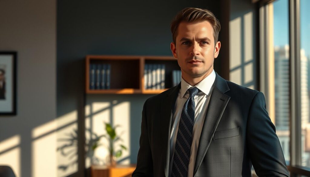 A professionally dressed man in a suit and tie, standing confidently in a modern law office. Warm, directional lighting casts dramatic shadows, highlighting his focused expression. The background features a large window overlooking the Tampa cityscape, with a bookshelf and potted plant visible. The scene conveys a sense of authority, expertise, and the ability to handle complex legal matters with care and precision.