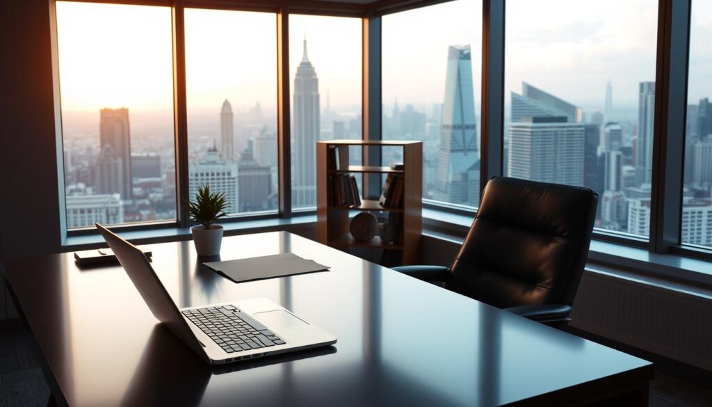 A serene and modern office setting, with a large window overlooking a bustling city skyline. In the foreground, a well-appointed desk with a sleek laptop, a few carefully placed desk accessories, and a single potted plant adding a touch of life. The middle ground features a comfortable leather chair and a minimalist bookshelf, hinting at the intellectual pursuits of the occupant. In the background, the cityscape beyond the window is illuminated by warm, natural light, creating a sense of depth and visual interest. The overall atmosphere is one of professionalism, financial acumen, and a forward-thinking approach to debt relief solutions.