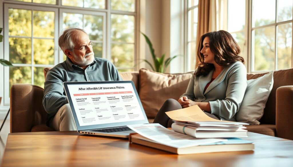 A serene, modern living room with abundant natural light streaming through large windows. On a coffee table, an open laptop displays various affordable life insurance plan options, accompanied by informative brochures and documents. A middle-aged couple, dressed casually, sit on a plush sofa, engaged in a thoughtful discussion, their expressions conveying a sense of financial security and peace of mind. The warm, earthy tones of the room create a welcoming and comforting atmosphere, reflecting the benefits of Amica Life Insurance Policies.