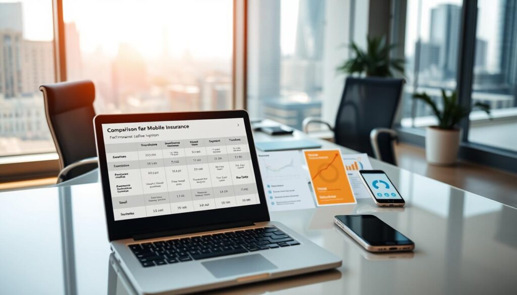 A serene, modern office setting with a large desk and ergonomic chair. On the desk, various mobile devices are displayed, each showcasing an insurance plan. The foreground features an open laptop screen, displaying a comparison table of mobile insurance options. The middle ground includes informative infographics and charts, highlighting the key features and benefits of each plan. The background depicts a large window with a cityscape view, bathed in soft, natural lighting. The overall atmosphere conveys a sense of professionalism, clarity, and informed decision-making.