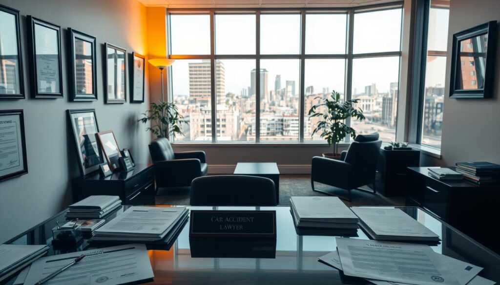 A serene office interior, with a large window overlooking the bustling streets of New Bedford, MA. In the foreground, a well-appointed desk with a nameplate that reads &amp;amp;amp;amp;amp;amp;quot;Car Accident Lawyer&amp;amp;amp;amp;amp;amp;quot; and an array of legal documents and files. The lighting is warm and inviting, creating a sense of professionalism and expertise. On the walls, framed accolades and certifications highlight the lawyer's experience and qualifications. The middle ground features comfortable client seating, conveying a welcoming atmosphere. In the background, the city skyline is visible, subtly suggesting the lawyer's deep connection to the local community. The overall mood is one of trust, competence, and a commitment to providing exceptional legal representation for those affected by car accidents.