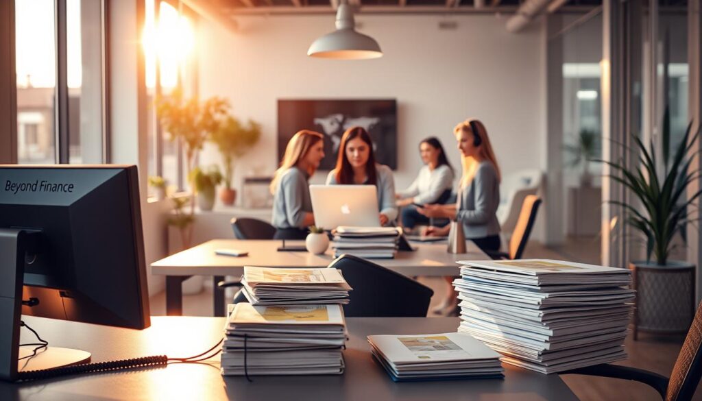 A serene office setting with a well-appointed customer support desk in the foreground, bathed in warm, soft lighting. The desk features a computer monitor, telephone, and a stack of organized files, conveying a sense of professional efficiency. In the middle ground, a team of attentive customer service representatives assist clients, their expressions calm and reassuring. The background showcases a modern, minimalist decor with clean lines, subtle accent pieces, and large windows that allow natural light to flood the space, creating an atmosphere of openness and transparency. The overall scene evokes a feeling of trust, reliability, and a commitment to providing exceptional support resources for &amp;amp;amp;amp;quot;Beyond Finance&amp;amp;amp;amp;quot; customers.