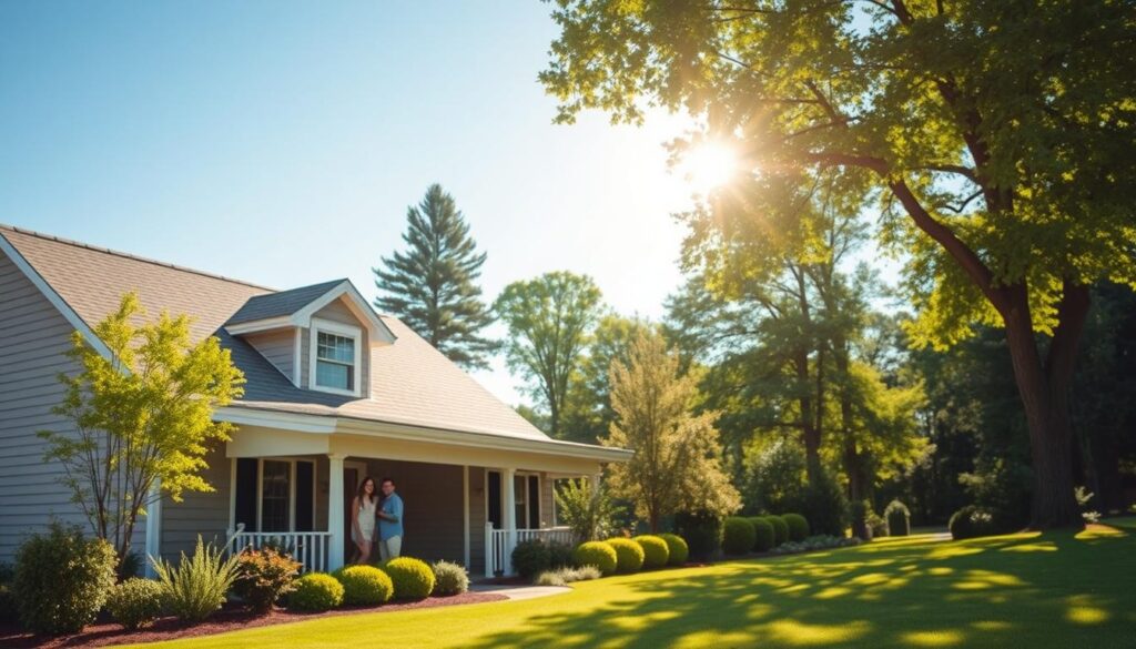 A serene, sun-dappled suburban home nestled among lush greenery, its roof and exterior gleaming with protective shingles and siding. In the foreground, a young family gathers on the porch, their faces reflecting a sense of security and contentment. The middle ground showcases a well-manicured lawn, while the background features towering trees and a clear, blue sky. Warm, soft lighting illuminates the scene, conveying a feeling of comfort and reassurance. This image represents the essential role that comprehensive homeowners insurance plays in safeguarding one's most valuable investment - the family home. A serene, sun-dappled suburban home nestled among lush greenery, its roof and exterior gleaming with protective shingles and siding. In the foreground, a young family gathers on the porch, their faces reflecting a sense of security and contentment. The middle ground showcases a well-manicured lawn, while the background features towering trees and a clear, blue sky. Warm, soft lighting illuminates the scene, conveying a feeling of comfort and reassurance. This image represents the essential role that comprehensive homeowners insurance plays in safeguarding one's most valuable investment - the family home.
