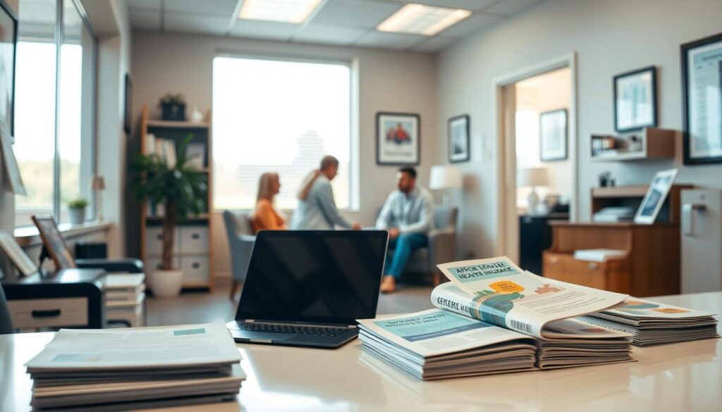 A serene, well-lit doctor's office interior, filled with informative brochures and pamphlets on various affordable health insurance options. The desk in the foreground features a laptop and a stack of documents, conveying a sense of professional expertise. The middle ground showcases a comfortable seating area with individuals discussing their insurance needs. In the background, a large window allows natural light to flood the space, creating a warm, welcoming atmosphere. The overall scene exudes a sense of trust, reliability, and accessible healthcare solutions.