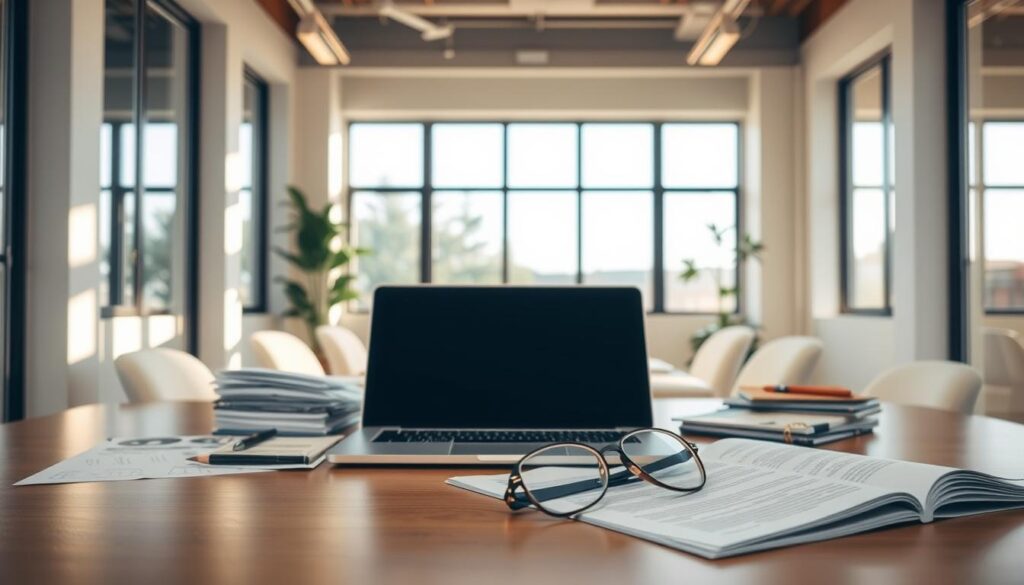 A serene, well-lit office interior with a prominent desk in the foreground, showcasing various insurance documents and brochures. In the middle ground, a modern laptop and a pair of reading glasses rest on the desk, hinting at the digital and analytical aspects of renters insurance. The background features floor-to-ceiling windows, allowing natural light to flood the space and create a warm, inviting atmosphere. The overall scene conveys a sense of professionalism, attention to detail, and a focus on providing comprehensive renters insurance coverage options to the viewer.