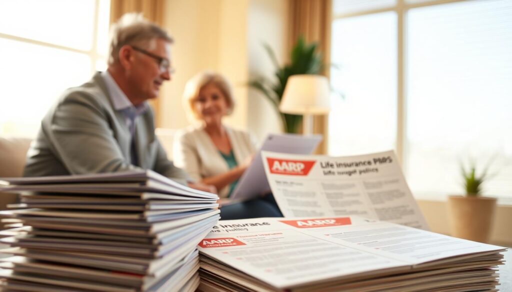 A serene, well-lit scene showcasing various AARP life insurance options. In the foreground, a stack of informative brochures and pamphlets on AARP insurance policies, their details clearly visible. In the middle ground, a mature couple sitting comfortably, discussing their coverage options with a helpful insurance agent. The background features a warm, inviting office setting with a large window allowing natural light to filter in, creating a sense of trust and professionalism. The overall mood is one of reassurance and financial security, reflecting the reliable and comprehensive nature of AARP's life insurance offerings.