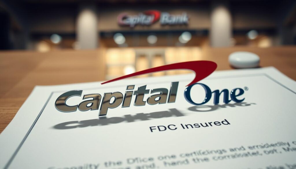 A shiny, metallic capital one logo rests on a crisp, white document resembling a certificate of deposit. The document is positioned in the foreground, casting a subtle shadow on the desk below. In the background, a blurred image of a bank building or branch office creates a sense of authority and trust. The lighting is soft and diffused, creating a warm, professional atmosphere. The overall composition is balanced and visually appealing, highlighting the FDIC insured nature of the capital one CD.