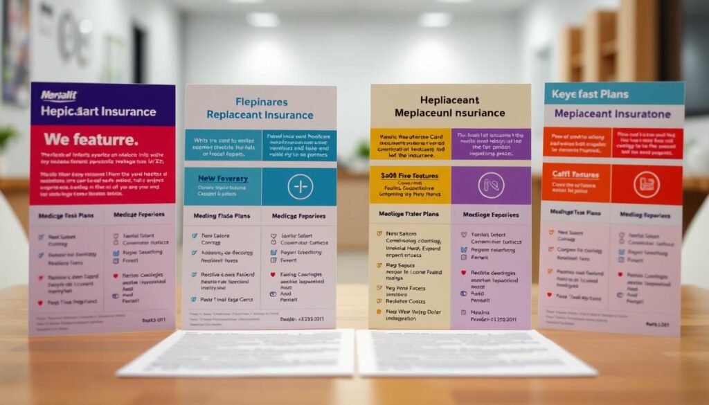 A side-by-side comparison of Medicare replacement insurance plans, showcasing their key features. The foreground displays sleek, colorful plan cards with detailed information about coverage, costs, and benefits. The middle ground features a neatly organized table highlighting the plan details. The background depicts a soft, blurred healthcare-themed environment, creating a professional and informative atmosphere. The lighting is crisp and evenly distributed, allowing the plan details to stand out. The camera angle is slightly elevated, providing a comprehensive view of the comparison layout.