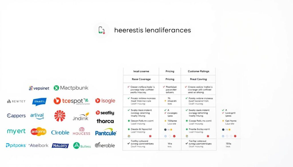 A sleek, modern comparison of the top mobile insurance providers, presented against a clean, white background. In the foreground, a grid of neatly arranged insurance logos, each with a distinct visual identity. In the middle ground, detailed information about coverage, pricing, and customer ratings for each provider, displayed in a clear, infographic-style layout. The lighting is bright and even, highlighting the professionalism and attention to detail. The overall mood is one of authority, trust, and transparency, inviting the viewer to make an informed decision about their mobile insurance needs.