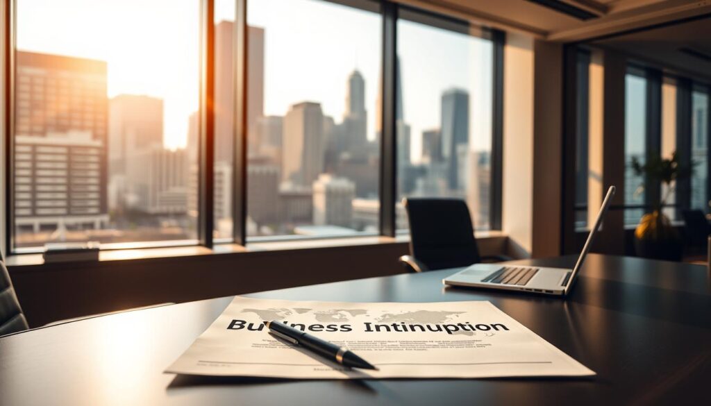 A sleek, modern office interior with an executive desk in the foreground. On the desk, a laptop, a pen, and documents labeled &amp;amp;amp;amp;amp;quot;Business Interruption Insurance&amp;amp;amp;amp;amp;quot;. Behind the desk, a large window overlooking a bustling city skyline, bathed in warm, golden afternoon light. Minimalist decor, clean lines, and a sense of professionalism and security pervade the scene. The lighting is balanced, with soft shadows adding depth and a touch of drama. The camera angle is slightly elevated, giving a sense of authority and importance to the insurance documents. The overall mood is one of stability, confidence, and a commitment to protecting a company's future.