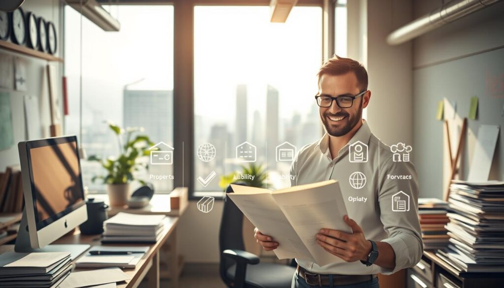 A small business office, filled with the tools of the trade - a desk, a computer, and stacks of documents. Sunlight streams through large windows, casting a warm glow over the scene. In the foreground, a confident business owner reviews insurance policies, their expression one of reassurance and security. The middle ground features an array of icons representing various insurance coverage options - life, property, liability, and more. The background depicts a bustling city skyline, a reminder of the complex world in which this small business operates. The overall mood is one of professionalism, protection, and preparedness, conveying the importance of understanding business insurance basics.