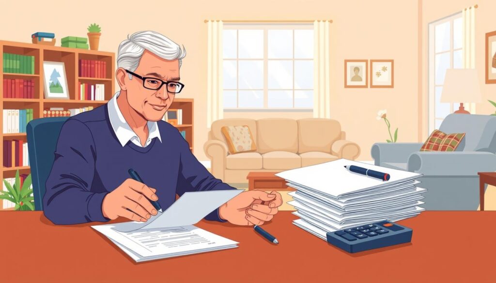A stylized, detailed illustration depicting the AARP life insurance application process. In the foreground, a person sitting at a desk carefully filling out an application form. The middle ground shows a stack of documents, a pen, and a calculator, symbolizing the paperwork involved. In the background, a warm, inviting living room setting with bookshelves, framed photographs, and a cozy armchair, conveying a sense of security and protection. The lighting is soft and natural, creating a welcoming atmosphere. The composition is balanced and visually appealing, guiding the viewer's attention through the different stages of the application process.