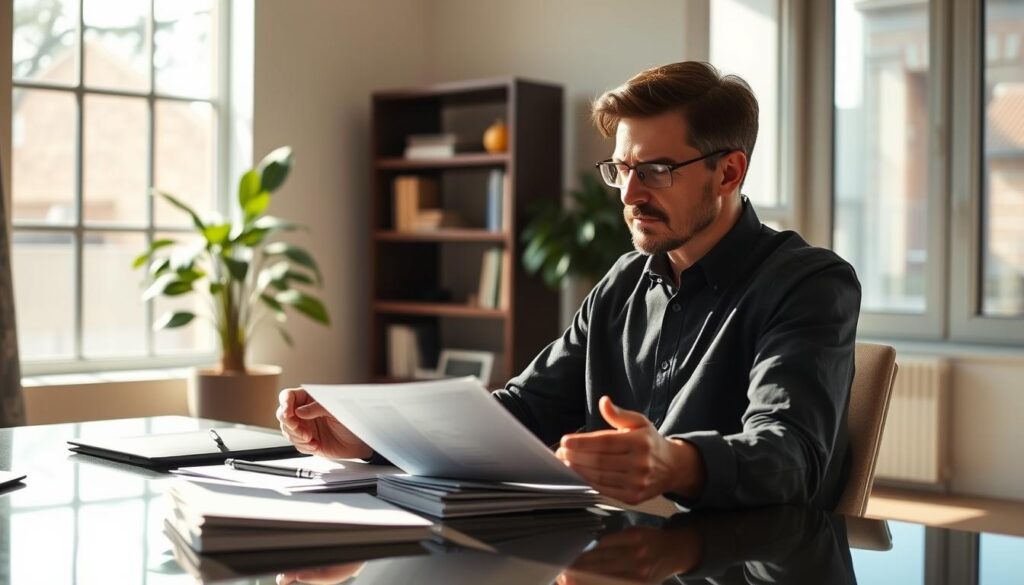 A sun-dappled office setting, with a policyholder seated at a modern desk, carefully reviewing paperwork and documents related to their lemonade insurance claim. The room is bright and airy, with large windows allowing natural light to filter in. The policyholder's expression is one of focused concentration, their brow slightly furrowed as they navigate the claims process. In the background, a bookshelf and a potted plant add a touch of warmth and professionalism to the scene. The overall mood is one of efficiency and diligence, capturing the essence of the lemonade insurance claim process.
