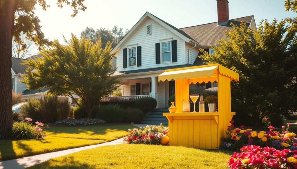 A sun-drenched suburban home nestled among lush greenery, with a vibrant lemonade stand prominently displayed on the front lawn. The stand is crafted from sturdy wood, its bright yellow hue catching the eye and inviting passersby to indulge in a refreshing glass of homemade lemonade. Surrounding the stand, a well-manicured garden bursts with colorful flowers, creating a warm, welcoming atmosphere. In the background, the house itself stands tall, its classic architecture and pristine white siding exuding a sense of security and comfort. The scene is bathed in a soft, golden light, lending an air of tranquility and charm to the overall composition.