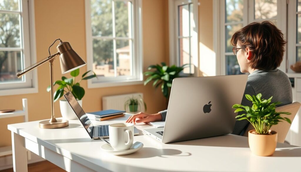 A sunny home office setting with a person sitting at a desk and comparing insurance quotes online on a laptop screen. The desk is clean and organized, with a tasteful desk lamp, a cup of coffee, and a potted plant adding natural elements. The walls are a warm neutral color, and large windows allow natural light to fill the space. The atmosphere is one of efficiency and productivity, with a touch of relaxation. The camera angle is slightly elevated, giving a clear view of the laptop screen and the person's focused expression as they navigate the insurance comparison process.
