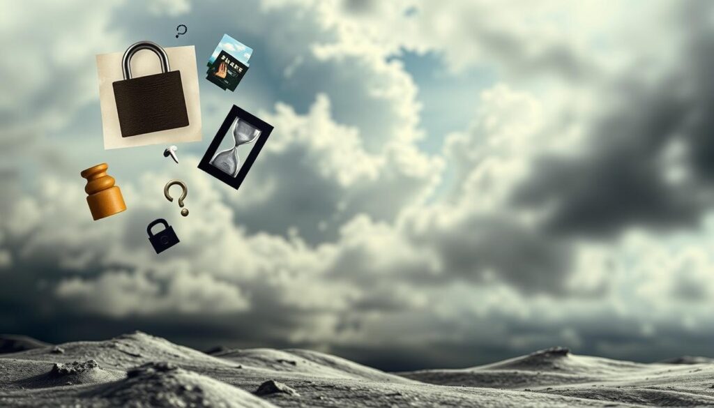 A surreal, abstract scene depicting common life insurance myths. In the foreground, a collage of symbolic icons - a padlock, a hourglass, a question mark - floating above a distorted, dreamlike landscape. The middle ground features a surreal, ethereal skyscape with swirling clouds and fractured, geometric shapes. The background is a blurred, indistinct expanse, evoking a sense of uncertainty and the unknown. The lighting is soft, diffused, creating an atmospheric, contemplative mood. The overall composition conveys the elusive, complex nature of life insurance myths, inviting the viewer to explore and question their preconceptions. A surreal, abstract scene depicting common life insurance myths. In the foreground, a collage of symbolic icons - a padlock, a hourglass, a question mark - floating above a distorted, dreamlike landscape. The middle ground features a surreal, ethereal skyscape with swirling clouds and fractured, geometric shapes. The background is a blurred, indistinct expanse, evoking a sense of uncertainty and the unknown. The lighting is soft, diffused, creating an atmospheric, contemplative mood. The overall composition conveys the elusive, complex nature of life insurance myths, inviting the viewer to explore and question their preconceptions.