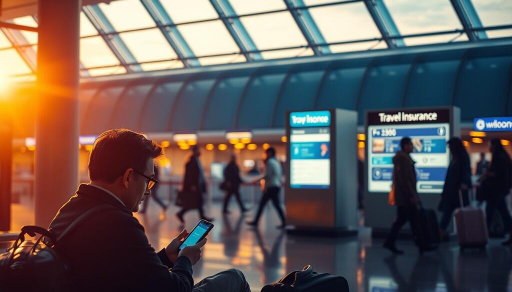 A tranquil airport departure lounge at dusk, warm lighting casting a golden glow over the bustling scene. In the foreground, a traveler sits with their smartphone, carefully reviewing travel insurance policies and coverage details. The middle ground features a prominent travel insurance kiosk, its display screens showcasing relevant information. In the background, silhouetted figures hurry to their gates, a visual metaphor for the importance of timely travel insurance coverage. The overall mood is one of contemplation and preparation, emphasizing the value of securing travel protection before embarking on a journey.