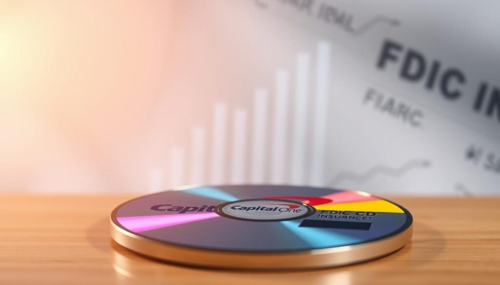 A vibrant, FDIC-insured Capital One CD sits prominently in the foreground, its shiny metallic surface catching the warm, diffuse light from above. In the middle ground, a stylized financial graph or chart hovers, visualizing the steady growth and security of the investment. The background is softly blurred, evoking a sense of professionalism and stability, with subtle textures and gradients suggestive of the banking industry. The overall composition conveys the importance of FDIC insurance in safeguarding one's financial future, with a clean, minimalist aesthetic that complements the article's subject matter.