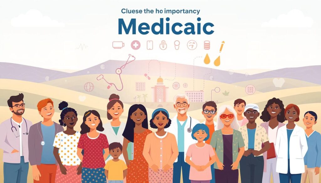 A vibrant and informative illustration showcasing the importance of Medicaid. In the foreground, a diverse group of people - young and old, representing different ethnicities and backgrounds - stand united, their expressions conveying gratitude and relief. They are surrounded by a warm, soft light, symbolizing the life-changing impact of Medicaid coverage. In the middle ground, a series of medical icons and symbols, such as stethoscopes, pills, and hospital buildings, underscores the comprehensive healthcare services provided by Medicaid. The background features a subtle, yet striking, landscape of rolling hills and a cloudless sky, creating a sense of hope and optimism. The overall composition and mood convey the vital role Medicaid plays in ensuring access to essential healthcare for those in need, fostering a more equitable and compassionate society.