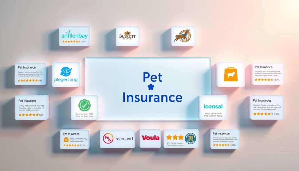 A vibrant, glossy collage showcasing the top pet insurance providers in the U.S. Set against a clean, minimalist background, the image features a central panel with carefully curated logos and icons representing the leading insurance companies. The logos are arranged in a visually striking, asymmetrical layout, with subtle shadows and reflections adding depth and dimension. Surrounding the central panel are smaller, individual panels highlighting key features, benefits, and ratings for each provider, all rendered in a sleek, modern aesthetic. Soft, directional lighting casts a warm, professional glow across the entire composition, emphasizing the credibility and trustworthiness of the featured insurers. The overall mood is one of authority, reliability, and consumer-focused excellence in the pet insurance industry.