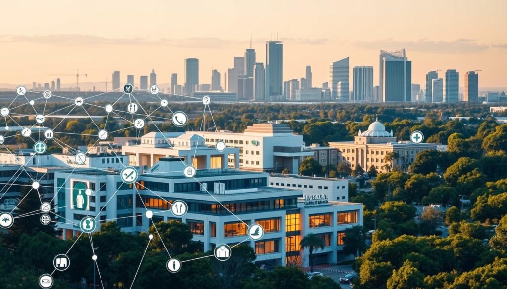 A vibrant network of medical facilities, clinics, and healthcare providers, captured in a dynamic composition. The foreground features a diverse array of icons and symbols representing different specialties, connected by sleek lines and curves, suggesting the interconnectedness of the system. The middle ground showcases modern, state-of-the-art buildings with clean, minimalist architecture, bathed in warm, inviting lighting. In the background, a cityscape with towering skyscrapers and lush greenery, conveying a sense of urban sophistication and ecological awareness. The overall scene projects a sense of trust, reliability, and comprehensive coverage, perfectly complementing the &amp;amp;amp;amp;amp;quot;Choosing the Right Health Insurance Plan&amp;amp;amp;amp;amp;quot; section of the article.