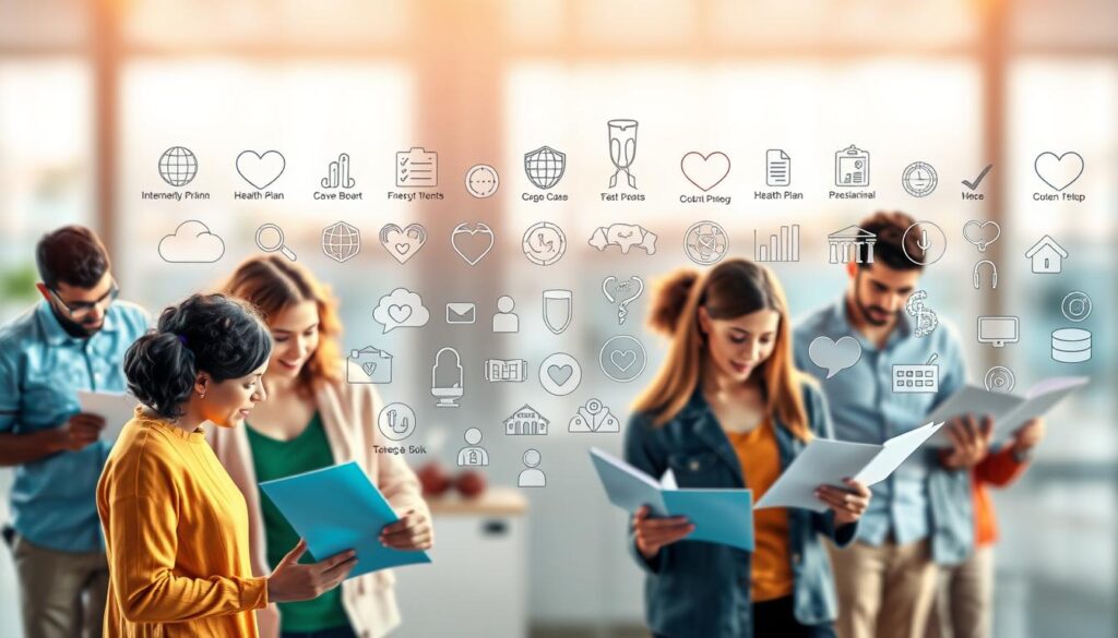 A vibrant, panoramic illustration of health insurance options presented against a serene, blurred background. In the foreground, a diverse group of individuals examining various documents and brochures, their expressions thoughtful and engaged. The middle ground showcases a variety of health plan icons, logos, and symbols, each representing a distinct coverage option. Warm, soft lighting bathes the scene, creating a sense of reassurance and accessibility. The overall atmosphere conveys an informative, yet approachable exploration of the healthcare landscape, inviting the viewer to consider their own coverage needs.