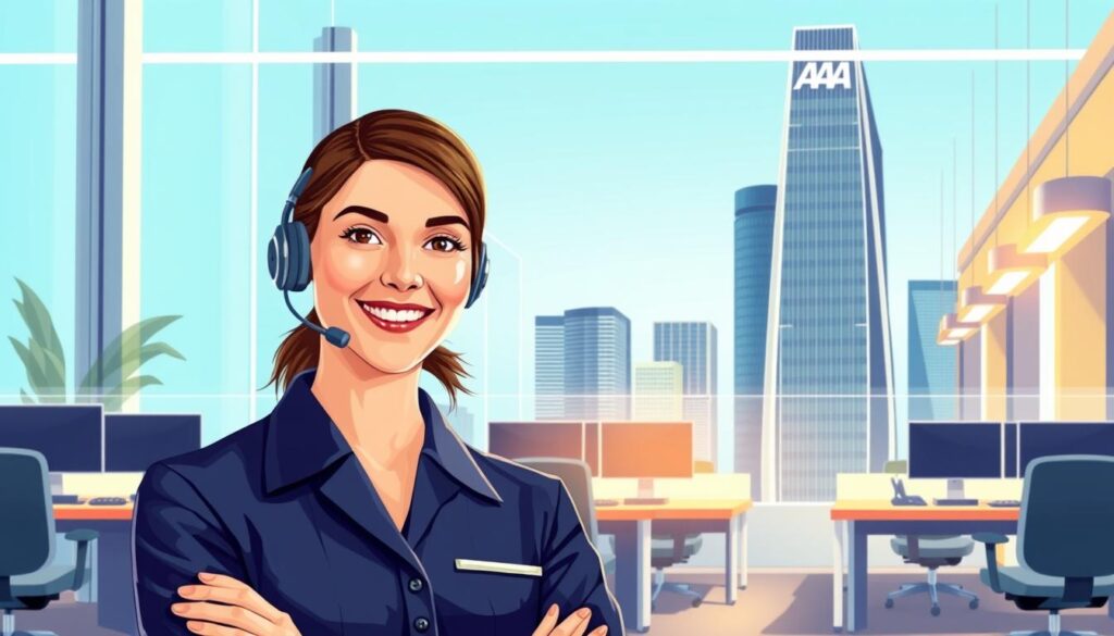 A vibrant, well-lit illustration showcasing the AAA Insurance helpline. In the foreground, a professional customer service agent dressed in a crisp, navy blue uniform greets the viewer with a warm, friendly expression, ready to assist. The middle ground features a sleek, modern office environment with ergonomic workstations and state-of-the-art communication equipment. In the background, a towering skyscraper with the AAA logo prominently displayed, conveying the company's size, stability, and reputation for excellence. The overall scene exudes a sense of professionalism, efficiency, and a commitment to providing exceptional customer service.