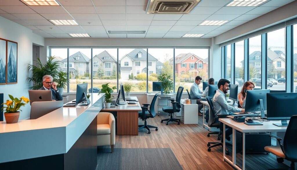 A warm and inviting real estate office interior, with a team of friendly, professional agents fielding calls from clients. The foreground features a modern, well-equipped reception desk with a cozy waiting area. The middle ground showcases an open-concept workspace filled with desks, computers, and employees engaged in productive conversations. The background displays large windows overlooking a picturesque suburban neighborhood, bathed in soft, natural lighting. The overall atmosphere exudes a sense of efficiency, reliability, and customer-centric service, capturing the essence of a successful real estate answering service.