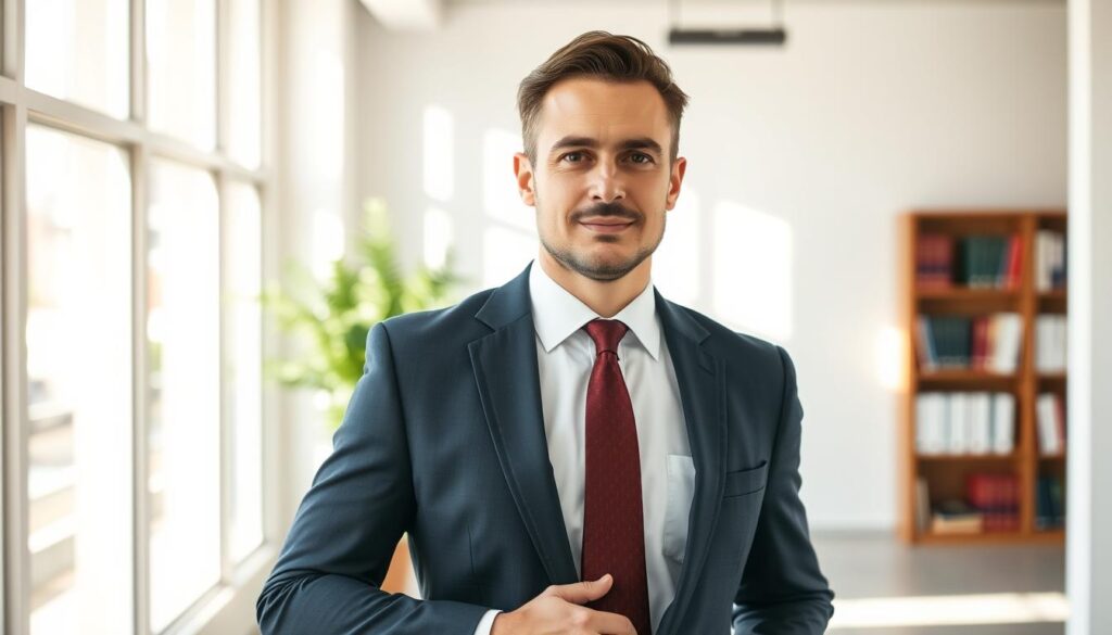 A well-dressed Tampa car insurance claim lawyer standing confidently in a modern, sun-lit office. Soft natural light streams through large windows, casting a warm glow on the lawyer's professional attire - a tailored navy suit, crisp white shirt, and tasteful tie. The lawyer's expression conveys a sense of empathy and determination, ready to advocate for their client's best interests. In the background, bookcases line the walls, hinting at the depth of legal expertise. The overall atmosphere evokes a trustworthy, competent, and approachable legal professional.