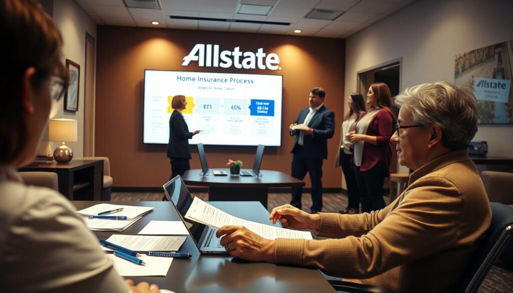 A well-lit and detailed scene depicting the Allstate home insurance claims process. In the foreground, a person sits at a desk, reviewing paperwork and documents related to a home insurance claim. The desk is neatly organized, with a laptop, pen, and folder open in front of the person. In the middle ground, a team of Allstate representatives engage in discussion, gesturing towards a large display screen showcasing the step-by-step claims process. The background features the Allstate logo prominently displayed, along with a warm, professional office setting with neutral tones and modern furnishings. The overall atmosphere conveys a sense of efficiency, customer-focused service, and a smooth, transparent claims experience.