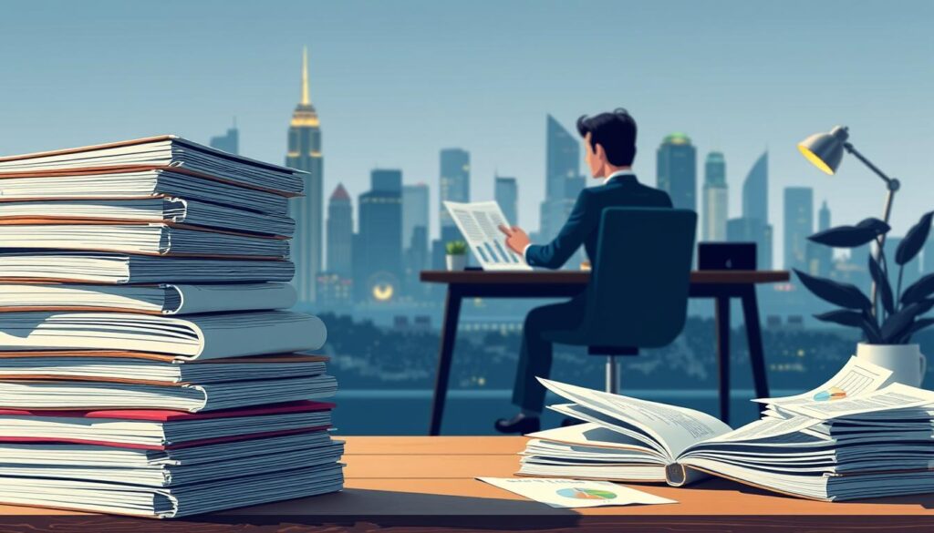A well-lit, detailed illustration showcasing the concept of financial literacy. In the foreground, a stack of books and documents symbolize the knowledge and resources needed to understand personal finance. In the middle ground, a person sits at a desk, carefully reviewing financial statements and charts. The background features a city skyline, representing the broader economic landscape. The overall mood is one of focus, understanding, and a sense of control over one's financial future. Lighting is soft and warm, creating a welcoming and thoughtful atmosphere.