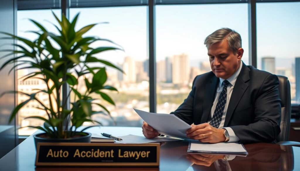 A well-lit office interior with a middle-aged man in a suit sitting at a desk, focused on paperwork. In the foreground, a potted plant and a nameplate that reads &amp;amp;amp;amp;quot;Auto Accident Lawyer&amp;amp;amp;amp;quot;. In the background, a large window overlooking the Denver skyline, with a warm, afternoon glow. The overall atmosphere conveys professionalism, expertise, and the dedication to providing legal representation for auto accident victims.