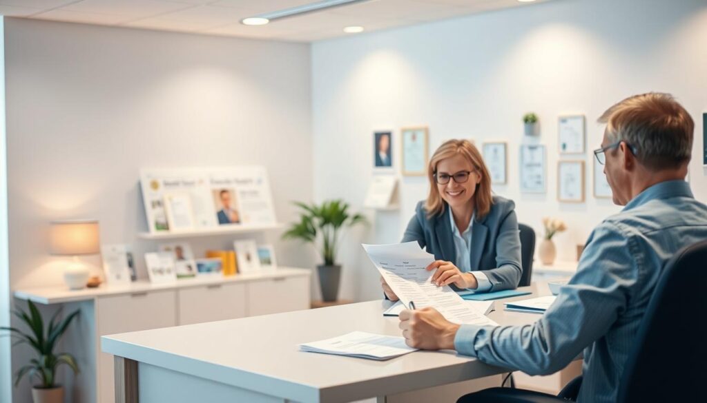 A well-lit office scene depicting the life insurance application process. In the foreground, a person sits at a desk, carefully filling out a form. The middle ground features a friendly insurance agent guiding them through the paperwork. The background showcases informative brochures and certificates, conveying a sense of professionalism and trust. Soft, warm lighting creates a welcoming atmosphere, while a clean, minimalist design reflects the organized nature of the process. The overall scene strikes a balance between efficiency and personalized service, capturing the essence of navigating the life insurance application. A well-lit office scene depicting the life insurance application process. In the foreground, a person sits at a desk, carefully filling out a form. The middle ground features a friendly insurance agent guiding them through the paperwork. The background showcases informative brochures and certificates, conveying a sense of professionalism and trust. Soft, warm lighting creates a welcoming atmosphere, while a clean, minimalist design reflects the organized nature of the process. The overall scene strikes a balance between efficiency and personalized service, capturing the essence of navigating the life insurance application.