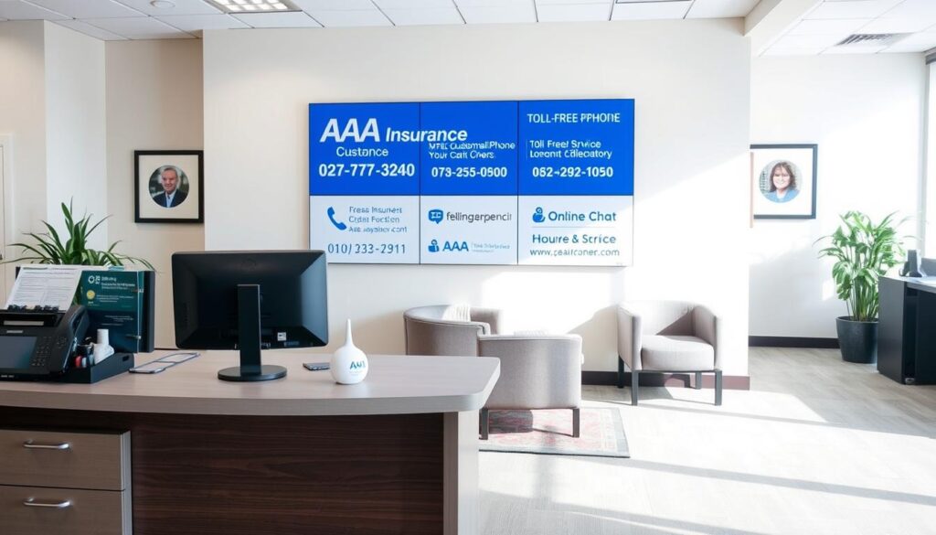 A well-lit office setting with a modern AAA Insurance customer service desk in the foreground. The desk is equipped with a computer, phone, and other office supplies. Behind the desk, a wall-mounted display showcases various customer service contact methods, including a toll-free phone number, email address, and online chat options. The middle ground features a few comfortable chairs and a small waiting area. The background depicts a clean, professional atmosphere with tasteful decor and subdued colors, creating a welcoming and efficient environment for AAA Insurance customers.