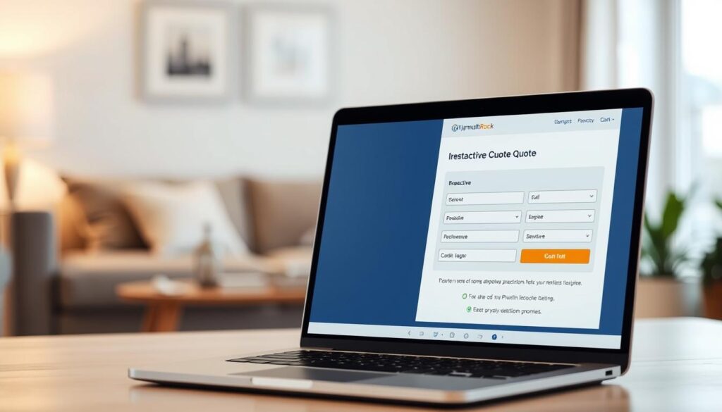 A well-lit, photo-realistic image of the Plymouth Rock renters insurance quote process, captured from a slightly elevated angle. The foreground features an open laptop with an interactive quote form displayed, showcasing a clean and intuitive user interface. The middle ground depicts a cozy, modern living room setting, with a comfortable couch and a potted plant, creating a sense of domestic tranquility. The background subtly blurs, drawing the viewer's attention to the focused quote process in the center. The overall mood is one of ease and simplicity, reflecting the accessible nature of the Plymouth Rock renters insurance service.