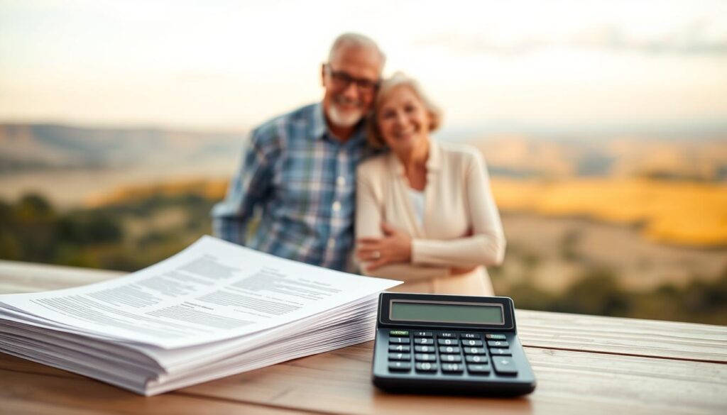 A well-lit scene showcasing the key benefits of Medicare replacement insurance. In the foreground, a stack of documents and a calculator, representing the comprehensive coverage and financial protection offered. In the middle ground, a senior couple smiling, symbolizing the peace of mind and improved healthcare access. The background features a serene landscape with a clear sky, evoking the sense of security and freedom that comes with reliable medical coverage. The lighting is soft and warm, creating a calming and trustworthy atmosphere. The composition is balanced and visually appealing, highlighting the importance of Medicare replacement insurance in enhancing one's quality of life.