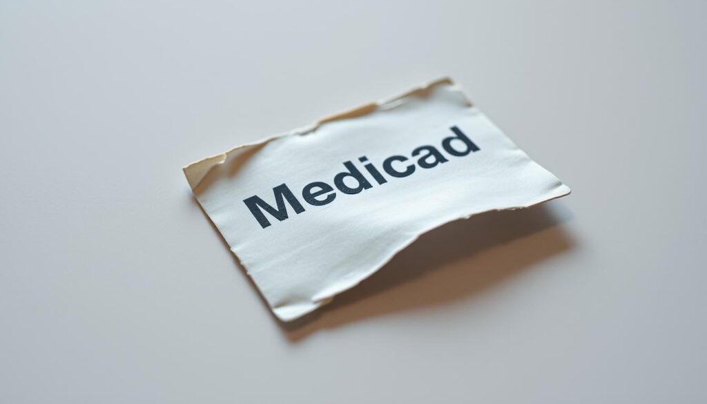 A worn and slightly tattered Medicaid card lies on a table, its edges frayed and corners curled. The card's surface reflects a soft, diffused light, casting subtle shadows that highlight its textured details. The background is a simple, neutral tone, allowing the card to be the central focus. The composition is balanced, with the card positioned off-center, creating a sense of visual interest. The overall mood is one of contemplation, as the viewer is drawn to examine the missing card and consider the implications of its loss.