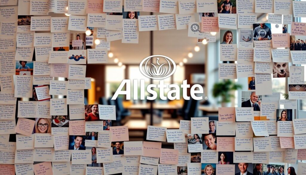 Allstate insurance reviews: a mosaic of customer experiences. In the foreground, a collage of customer testimonials, handwritten notes, and online ratings, each a unique story of service and satisfaction. The middle ground features a sleek Allstate logo, framed by a backdrop of modern office interiors, conveying the company's professional expertise. Warm, natural lighting filters through the windows, casting a welcoming glow and a sense of trust. The overall atmosphere is one of transparency, reliability, and a customer-centric approach, inviting the viewer to explore Allstate's reputation through the lens of real-world feedback.