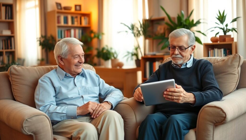 An elderly couple sitting comfortably in plush armchairs, reviewing Medicare replacement plan options on a tablet device. The room is softly lit with warm, natural light filtering through sheer curtains. The couple appears content and engaged, surrounded by bookshelves and houseplants that create a cozy, inviting atmosphere. The scene conveys a sense of trust, thoughtfulness, and the importance of making informed decisions about healthcare coverage in the twilight years.