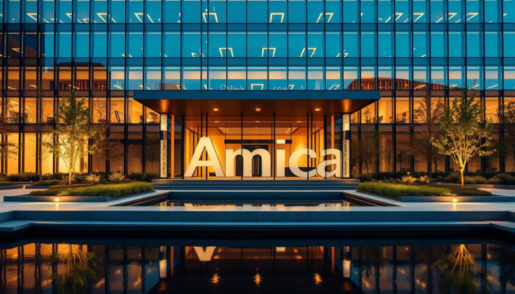 An overview of Amica Life Insurance Company depicted as a sleek, modern corporate office building. The structure features a minimalist glass and steel facade, with clean lines and a sophisticated aesthetic. The entrance is framed by a prominent Amica logo in brushed aluminum. Surrounding the building are neatly manicured landscaping and a tranquil water feature that reflects the structure. The scene is illuminated by warm, indirect lighting that casts a welcoming glow. The overall composition conveys a sense of professionalism, stability, and trustworthiness associated with the Amica brand.