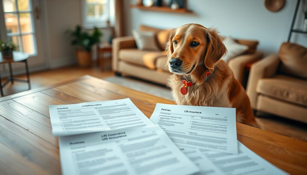 Detailed life insurance policies for a friendly golden retriever, set against a soft, blurred background of a cozy living room. The dog sits upright, adorned in a red collar, patiently examining the paperwork spread out on a sturdy oak table. Warm, natural lighting filters in through large windows, casting a gentle glow on the scene. The policies are clearly visible, highlighting comprehensive coverage for accidents, illnesses, and routine care. An atmosphere of trust, security, and responsible pet ownership pervades the image.