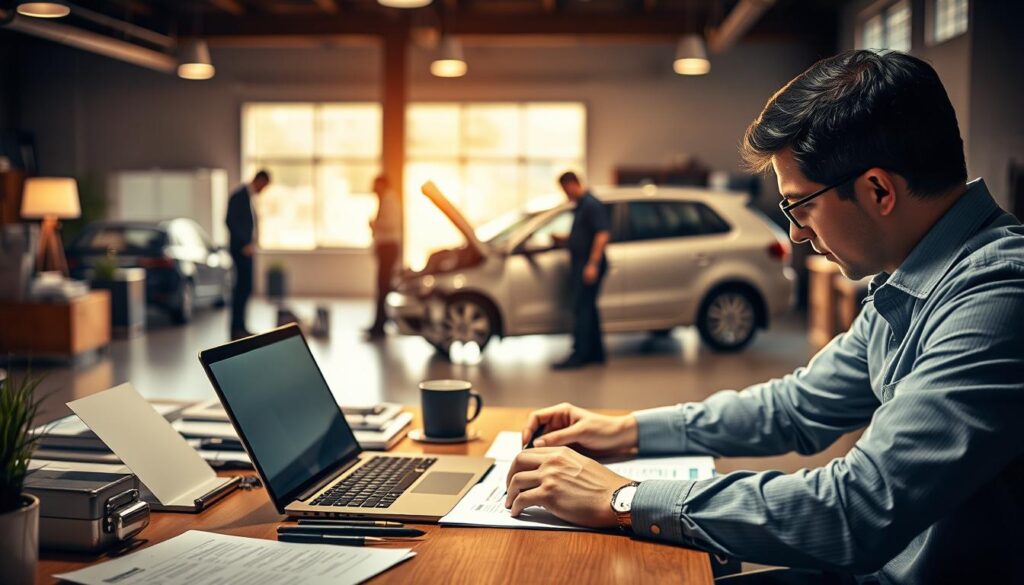 Prompt A detailed scene depicting the car insurance claims process. In the foreground, a person sits at a desk, meticulously filling out claim forms, with a laptop and paperwork spread out before them. The middle ground shows a vehicle in the background, damaged from an accident, surrounded by insurance adjusters examining the vehicle. The scene is illuminated by warm, natural lighting, conveying a sense of seriousness and professionalism. The atmosphere is one of diligence and attention to detail, as the claimant navigates the complexities of the insurance claims process.