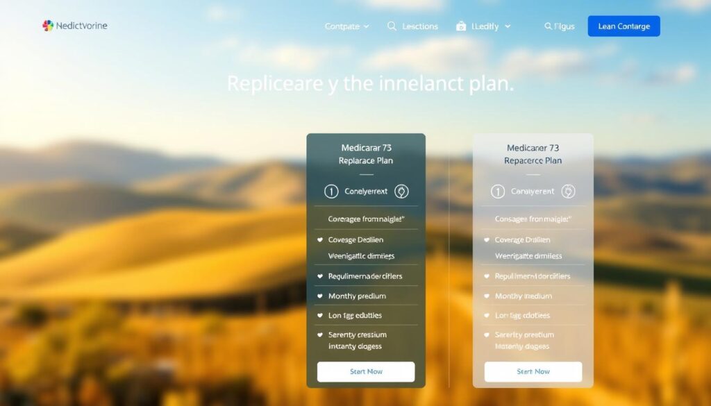 a detailed comparison of medicare replacement insurance plans displayed on a modern, minimalist website interface. in the foreground, three plan options are shown side-by-side, each with clear icons and information about coverage, deductibles, and monthly premiums. the background features a serene, blurred landscape with rolling hills and a blue sky. warm, natural lighting bathes the scene, creating a calming, trustworthy atmosphere. the overall design is clean, organized, and easy to navigate, emphasizing the benefits of researching and selecting the right medicare replacement plan.