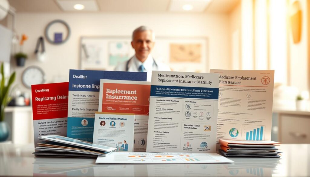 a highly detailed, photorealistic illustration of various medicare replacement insurance plans, shown in the foreground against a blurred background of a doctor's office or medical clinic. The plans are depicted as colorful brochures, documents, and icons, arranged neatly on a desk or table, with a warm, soft lighting illuminating the scene. The overall mood is professional, informative, and accessible, conveying the importance and variety of medicare replacement insurance options available to seniors. The composition emphasizes the plans themselves, with a clean, organized layout that highlights the key features and benefits of each plan type.